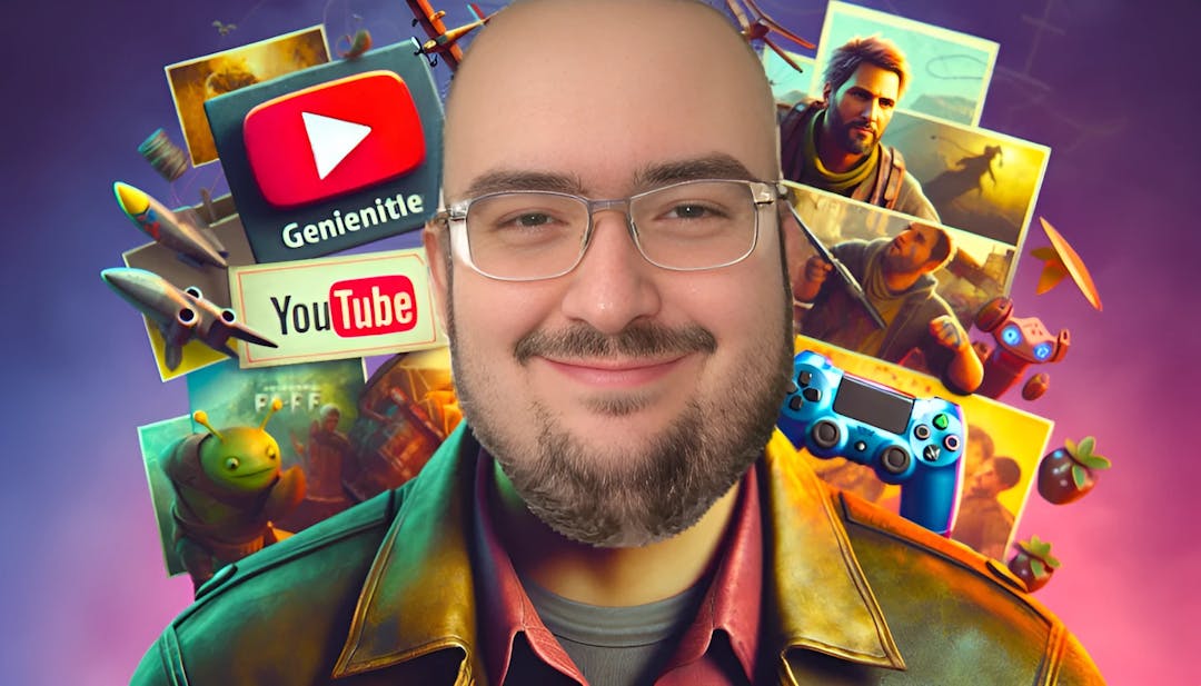 Wings of Redemption (Richard McCraty Samuel "Jordie" Jordan), a middle-aged man with fair skin and a larger build, smiling and wearing glasses and a beard. The background features gaming-related elements like controllers, play buttons, and posters, creating a vibrant and positive atmosphere.