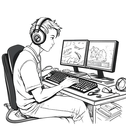 Dibujo de arte lineal de un hombre, representando a Jynxzi, usando auriculares y concentrado en una pantalla de computadora, con equipo de juego a su alrededor, todo en un fondo blanco.