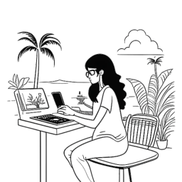 Dibujo de arte lineal de una persona, representando a Jynxzi como 'Junko', en un escritorio con un teléfono inteligente mostrando TikTok, con sutiles decoraciones inspiradas en Florida, ilustrando su creación de contenido única, en un fondo blanco.