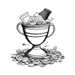 Dibujo de arte lineal de un trofeo que representa los logros de Jynxzi en Twitch, con un diseño de ratón y teclado de juego, elevado sobre una pila de monedas, en un fondo blanco.