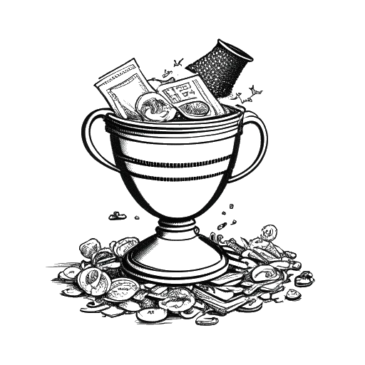 Line art drawing of a trophy representing Jynxzi's Twitch achievements, with a gaming mouse and keyboard design, elevated on a stack of coins, against a white backdrop.