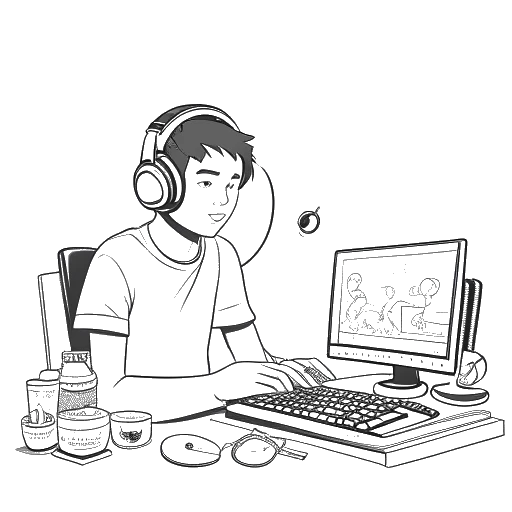 Dibujo de una línea de un hombre que representa a Jynxzi, con auriculares puestos, concentrado en una pantalla de juego, rodeado de signos de dólar y montones de mercancía, sugiriendo fuentes de ingresos, todo contra un fondo blanco.
