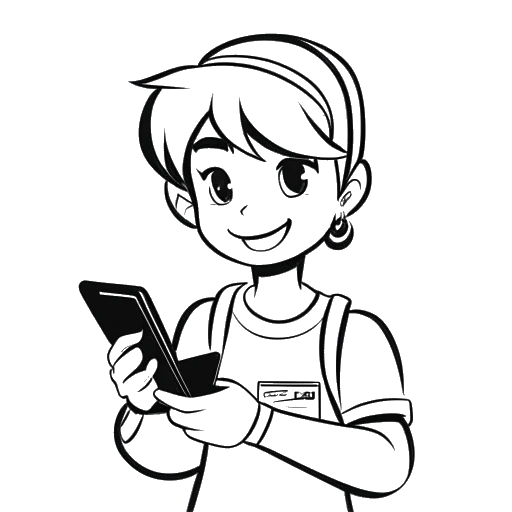 Dibujo de arte lineal de un adolescente Jynxzi sosteniendo un teléfono inteligente con el logo de Clash Royale, representando la carrera competitiva de Jynxzi.