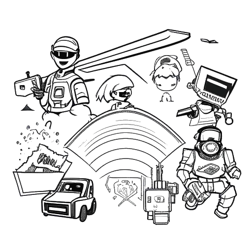 Dibujo de arte lineal de una pantalla verde con los logos de Rainbow Six Siege, Fortnite y Rocket League, representando la configuración de transmisión de Jynxzi.