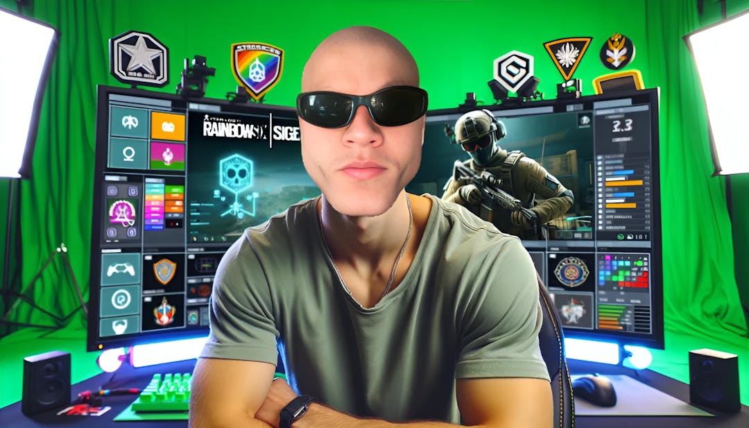 Jynxzi, ein junger amerikanischer Gamer mit Sonnenbrille und kahlem Kopf, umgeben von Rainbow Six Siege thematischer Einrichtung in einem Gaming-Zimmer-Setup.