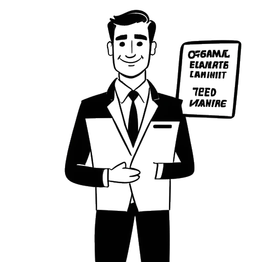 Strichzeichnung eines Mannes, der Tom Beck darstellt, im Geschäftsanzug, der ein Firmenschild vor einem Hintergrund verschiedener Social-Media-Symbole hält.