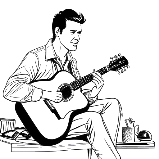 Monochromatische Linienkunst, die einen Mann darstellt, der Tom Beck verkörpert, eine Gitarre haltend, mit einem Hintergrundplakat einer Fernsehserie und einem Füllfederhalter, der seine Schauspielrollen symbolisiert, alles auf einer weißen Leinwand.