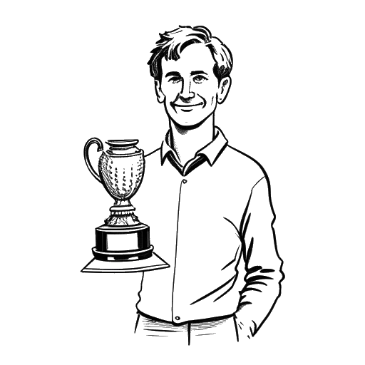 Strichzeichnung eines Mannes, der Tom Beck darstellt, der einen Pokal hält, auf dem 'Bundeswettbewerb Gesang 2001' eingraviert ist.