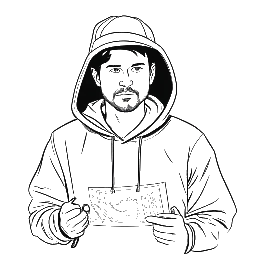 Strichzeichnung eines Mannes, der Tom Beck darstellt, der eine Kapuze trägt und eine Karte hält, mit einem Hintergrundlogo von 'Celebrity Hunted'.