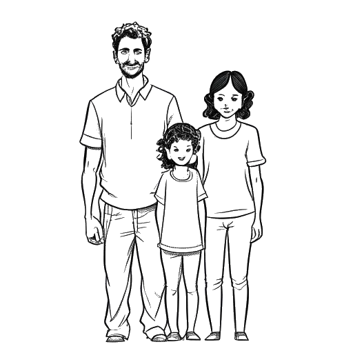 Strichzeichnung eines Mannes und einer Frau, die Tom Beck und Chryssanthi Kavazi darstellen, die zusammen mit einem Kind stehen.