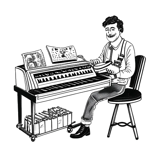 Strichzeichnung eines Mannes, der Tom Beck darstellt, der mehrere Instrumente spielt, darunter Gitarre, Klavier, Schlagzeug, Akkordeon und Orgel.