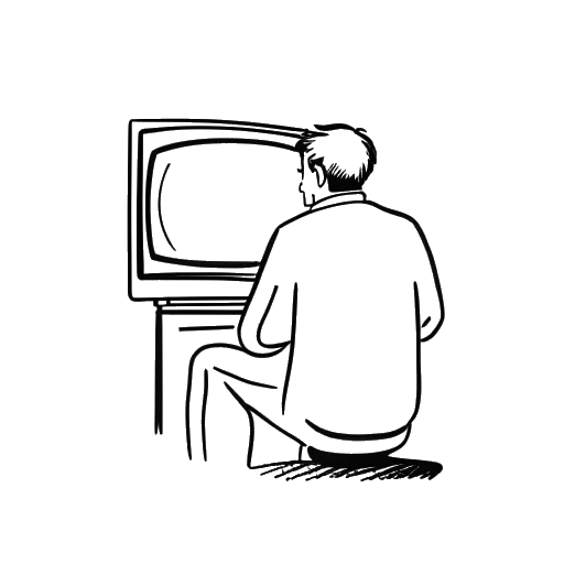 Strichzeichnung eines Mannes, der Tom Beck darstellt, der einen Fernseher betrachtet, auf dem das Logo von 'Küstenwache' zu sehen ist.
