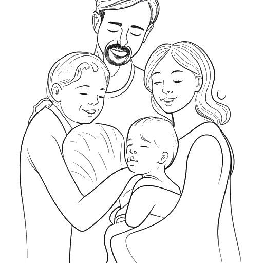 Strichzeichnung eines Mannes, der Markus Söder verkörpert, eingebettet in ein herzerwärmendes Familienporträt, das seine Hingabe gegenüber seiner Familie symbolisiert, vor einem weißen Hintergrund.
