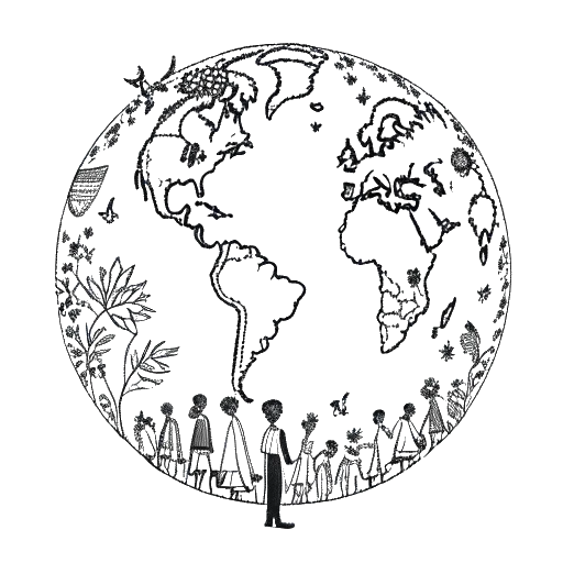 Linienzeichnung eines Mannes, der Markus Söder repräsentiert, mit einem Globus, der Symbole für Umweltschutz und soziale Integration enthält, was auf sein Engagement für eine grüne und progressive Welt hindeutet, vor einem weißen Hintergrund.