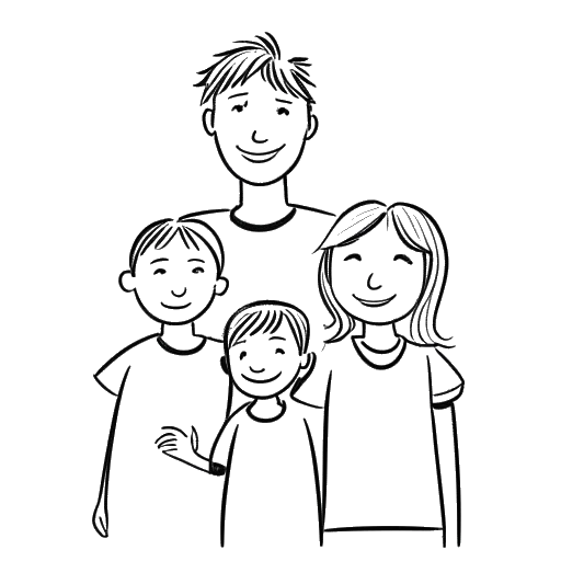 Strichzeichnung einer Familie, die Markus Söder, seine Frau Karin Baumüller-Söder und ihre drei Kinder darstellt