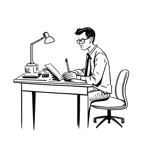 Strichzeichnung eines Journalisten, der Markus Söder darstellt, der an einem Schreibtisch in einem Nachrichtenraum arbeitet