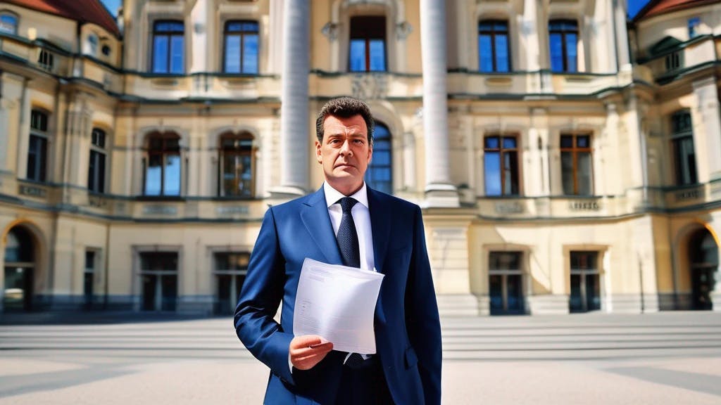 Markus Söder im Geschäftsanzug, vor dem Bayerischen Landtag stehend, mit Dokumenten in der Hand, einen entschlossenen Blick vermittelnd