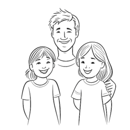 Strichzeichnung eines Mannes, der Flying Uwe repräsentiert, mit seiner Frau und seinen beiden Töchtern, was eine stabile und starke Familienstruktur symbolisiert.