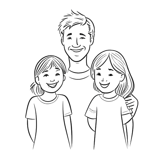 Strichzeichnung eines Mannes, der Flying Uwe repräsentiert, mit seiner Frau und seinen beiden Töchtern, was eine stabile und starke Familienstruktur symbolisiert.