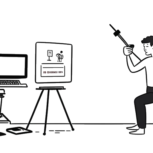 Strichzeichnung eines Mannes, der Flying Uwe repräsentiert, der martialische Elemente für seinen YouTube-Kanal aufnimmt, mit Symbolen eines Filmklappenbretts und einer Spielekonsole, die auf seine vielfältigen Interessen hinweisen.