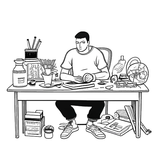 Strichzeichnung eines Mannes, der Flying Uwe darstellt, der an einem Schreibtisch sitzt, umgeben von Sportergänzungsmitteln, Ausrüstung und Kleidung.