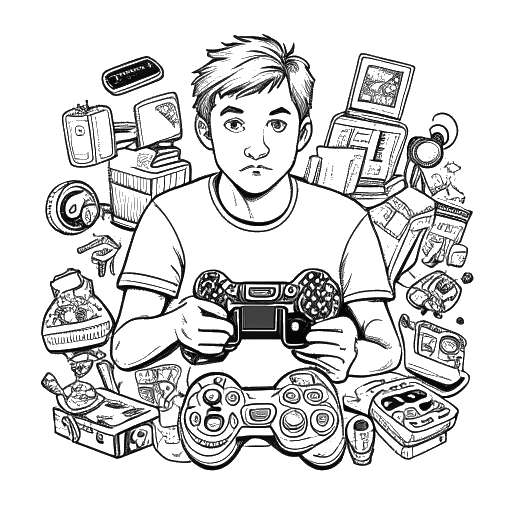 Strichzeichnung eines Mannes, der Flying Uwe darstellt, der einen Videospiel-Controller hält, umgeben von seltenen und sammelbaren Spielen.