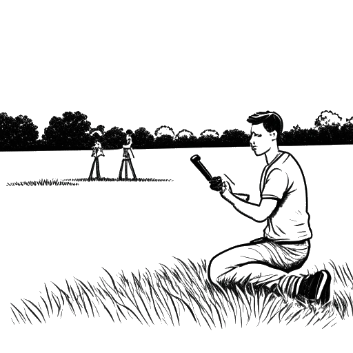 Strichzeichnung eines jungen Mannes, der Flying Uwe eine Kampfvorführung auf einem Grasfeld gibt, mit einer nahegelegenen Kamera.