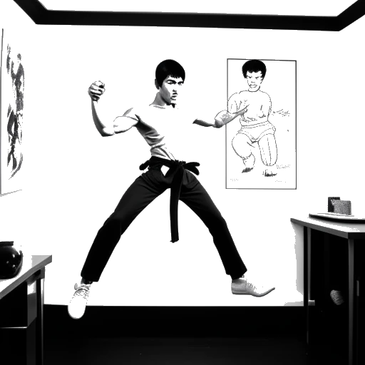Strichzeichnung eines jungen Mannes, der Flying Uwe beim Üben von Kampfsportarten darstellt, mit einem Bruce Lee-Poster im Hintergrund.