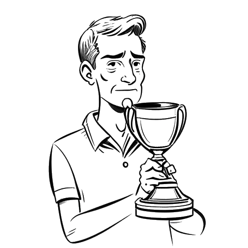 Strichzeichnung eines Mannes, der Flying Uwe darstellt, der einen Pokal hält, mit einem enttäuschten Ausdruck nach dem Verlust.