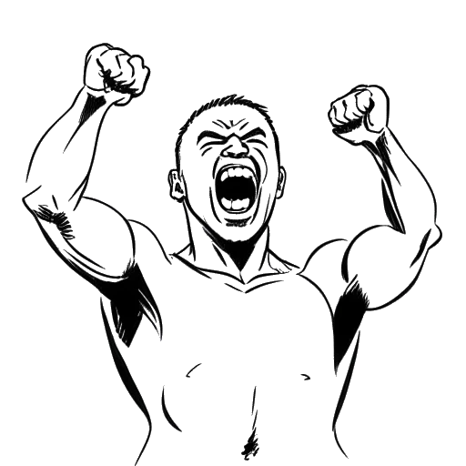 Strichzeichnung eines Mannes, der Flying Uwe darstellt, der einen Sieg in einem Mixed-Martial-Arts-Kampf feiert, mit einem enttäuschten Ausdruck nach einer Niederlage im Hintergrund.