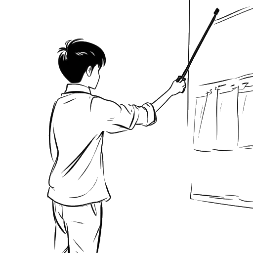 Strichzeichnung eines Teenagers, der Flying Uwe beim Streichen einer Wand darstellt, mit einer Kampfsportuniform im Hintergrund.