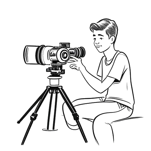 Strichzeichnung eines jungen Mannes, der Flying Uwe beim Einrichten einer Kamera für ein YouTube-Video darstellt, mit Sportausrüstung im Hintergrund.