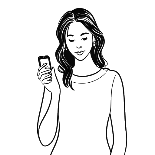 Disegno in stile line art di una donna che tiene in mano un telefono con il suo primo post su Instagram, rappresentante Grace Charis