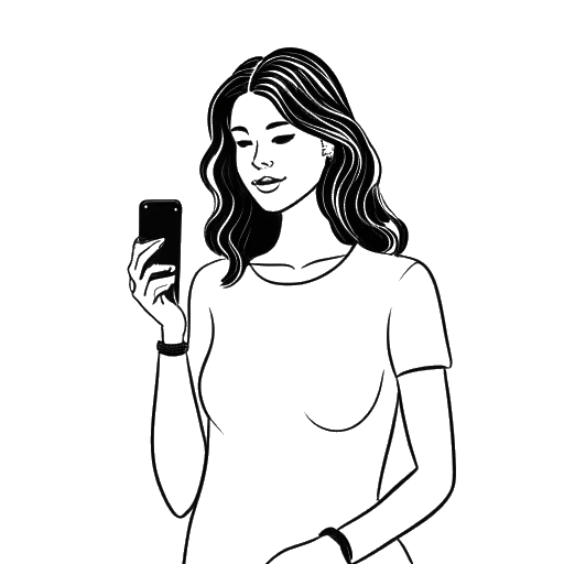 Disegno in stile line art di una donna che tiene in mano un telefono con i crescenti follower su Instagram, rappresentante Grace Charis