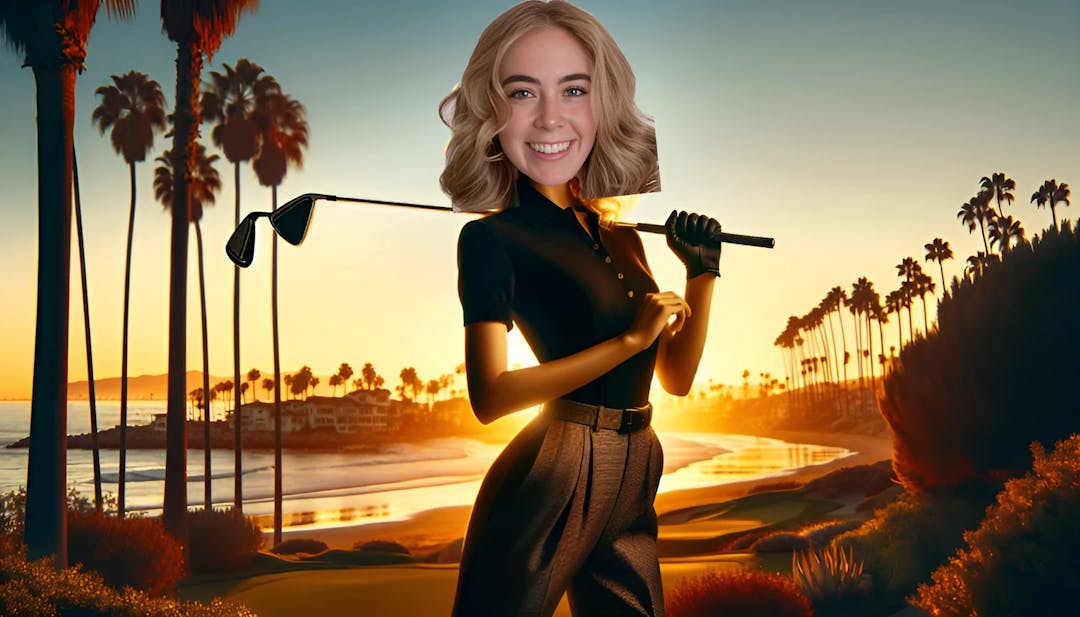 Grace Charis Smith está en un campo de golf, sonriendo con un palo de golf, con el paisaje de Newport Beach y detalles de su influencia en las redes sociales en el fondo