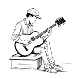 Eine schwarz-weiß Illustration eines Musikers, der Justin Bieber repräsentiert, der als Straßenmusiker vor einem Theater auftritt und damit symbolisiert, wie seine musikalische Reise begann.