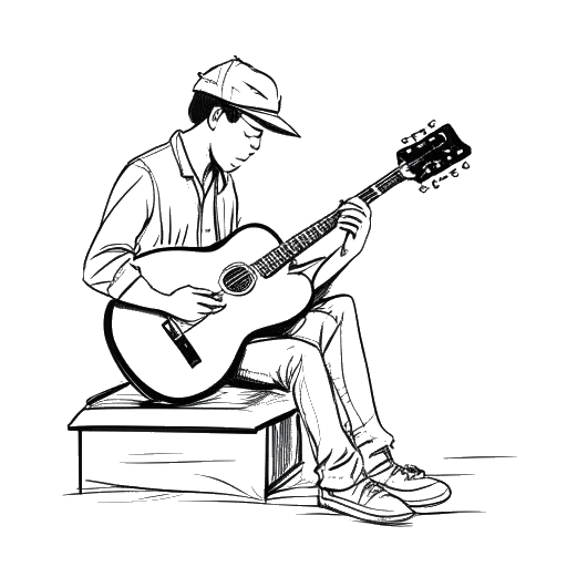 Eine schwarz-weiß Illustration eines Musikers, der Justin Bieber repräsentiert, der als Straßenmusiker vor einem Theater auftritt und damit symbolisiert, wie seine musikalische Reise begann.