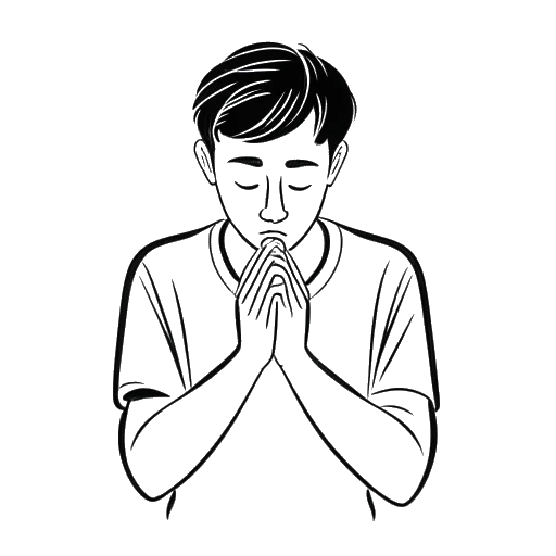 Line art drawing of a young man, representing Justin Bieber, praying with a heart symbol nearby, symbolizing his openness about his Christian faith and mental health struggles.