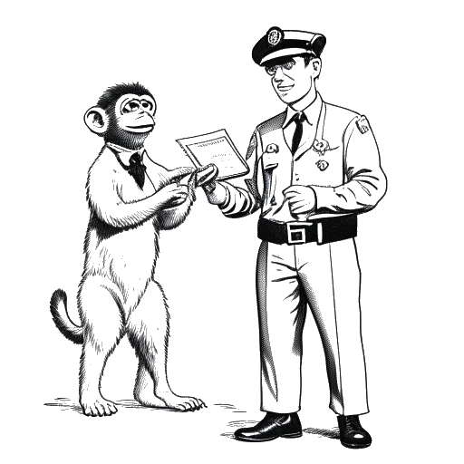 Line art drawing of a man, representing Justin Bieber, holding a monkey, Mally, with a customs officer nearby.