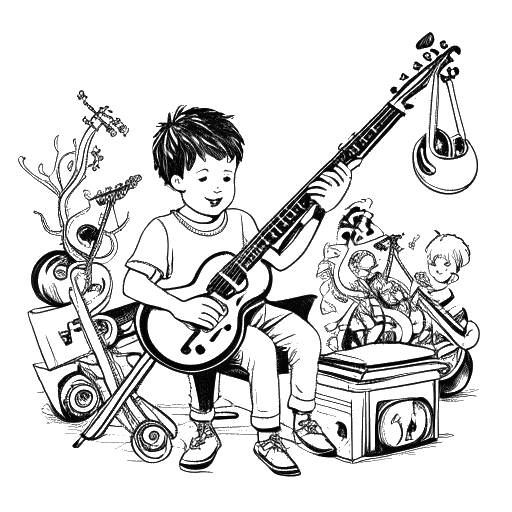 Line art drawing of a young boy, representing Justin Bieber, playing the piano, drums, guitar, and trumpet.