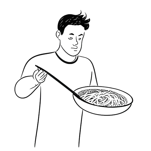 Lijntekening van een man, die Justin Bieber vertegenwoordigt, die een bord met spaghetti bolognese en een hockeystick vasthoudt.