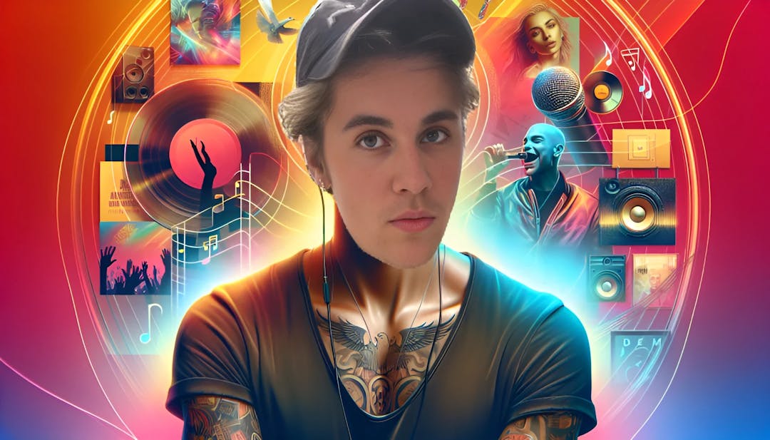 Justin Bieber, ein hellhäutiger, schlanker Mann mit Glatze und Tattoos, blickt selbstbewusst in die Kamera und trägt eine Kappe. Der lebendige Hintergrund zeigt seine Musikkarriere mit Albumcovern, Musiknoten und Konzertbildern. Das Vorschaubild fängt sofort Justin Biebers energiegeladene und charismatische Persönlichkeit ein.