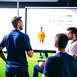 A detailed representation of a man coaching, strategizing on a whiteboard while players in training gear perform drills on a vivid football field, symbolizing his coaching acumen, strategic insight, and team management skills.