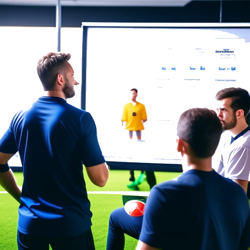 A detailed representation of a man coaching, strategizing on a whiteboard while players in training gear perform drills on a vivid football field, symbolizing his coaching acumen, strategic insight, and team management skills.