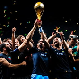 Una ilustración jubilosa de un hombre sosteniendo orgullosamente en alto un trofeo internacional de fútbol rodeado de sus compañeros jubilosos, confeti revoloteando, banderas nacionales ondeando al fondo, simbolizando victorias triunfantes y reconocimiento global.