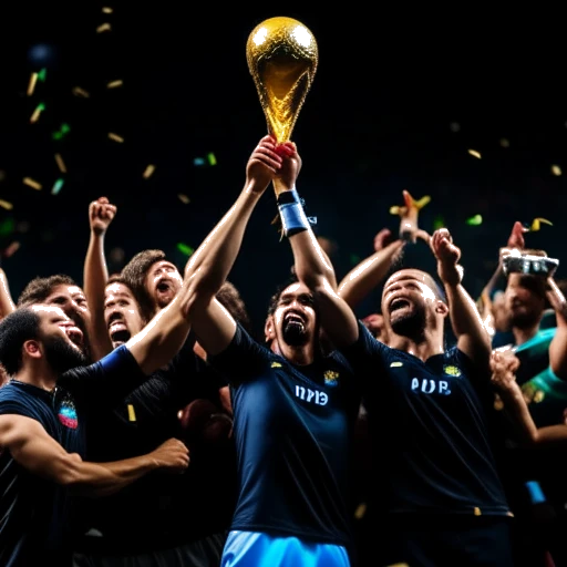 A jubilant illustration of a man proudly holding an international football trophy aloft amidst his jubilant teammates, confetti swirling around, national flags fluttering in the background, symbolizing triumphant victories and global recognition.