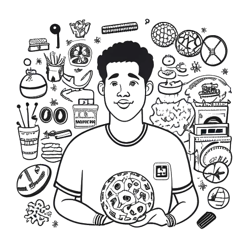 Line art drawing of a man representing Jürgen Klinsmann with short hair wearing a football jersey. He is surrounded by symbols representing different sources of income such as a football, a coaching whistle, a bakery baguette, and dollar signs. The image is set on a white background.