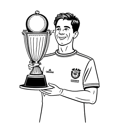 Dibujo en arte lineal de un hombre, representando a Jürgen Klinsmann, sosteniendo el trofeo de la Copa Mundial de la FIFA, vistiendo una camiseta de Alemania Occidental, con el año 1990 en el fondo.