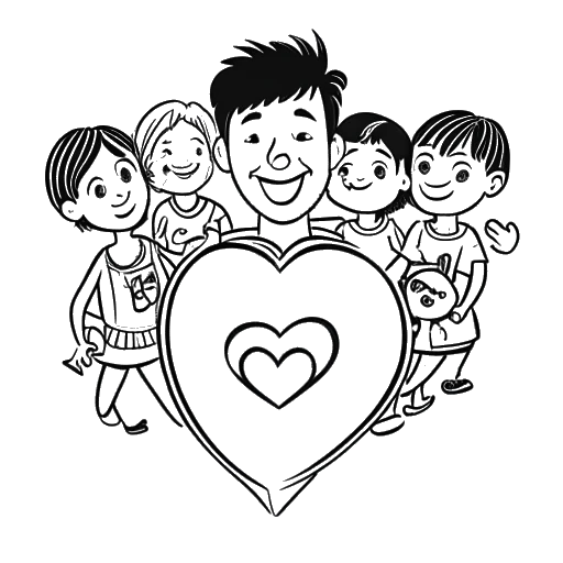 Dessin au trait d'un homme, représentant Jürgen Klinsmann, tenant un logo en forme de cœur, représentant Agapedia, entouré d'enfants et de visages souriants sur fond blanc.