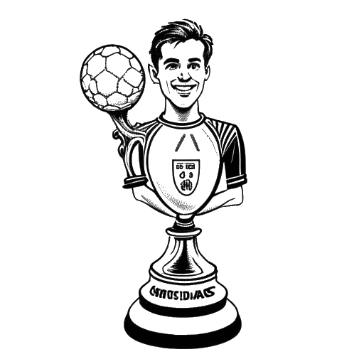 Line art drawing of a man, representing Jürgen Klinsmann, holding a 'Top Goalscorer' trophy and a soccer ball, with the Bundesliga logo and the year 1988 in the background.